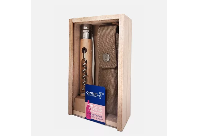 Opinel | No.10 | Dugóhúzós zsebkés üvegnyitóval | Bükkfa | Övtok | Fadobozban