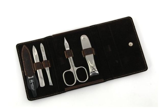 Manikűrkészlet | Pénztárca | 5 részes | Kombiolló | Erős Körömcsipesz | Rozsdamentes | Tevebőr tok | Barna