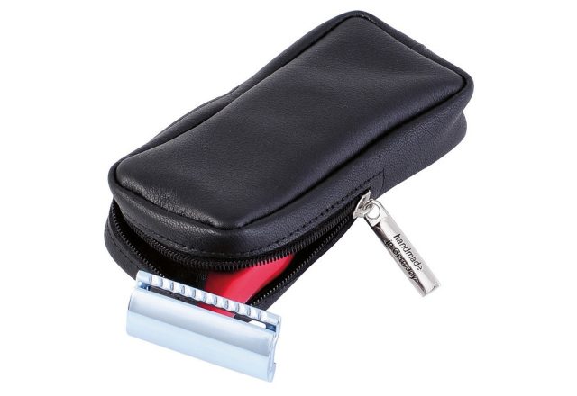 Fekete színű kézműves bőrtok borotvakészülékhez | Cipzáras | üres | rövid